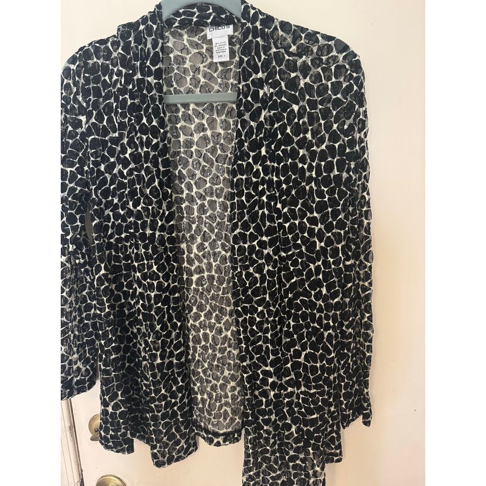Chico's Open Cardigan Women Size 1 US (8-10) Black Marble Animal Print Stretch
